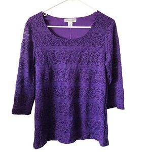Christopher & Banks Womens M Purple Lace 3/4 Sleeve Top Lined Scoop Neck NEW